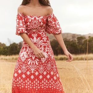 Red Petite Puff Sleeve Square Neck Midaxi Dress