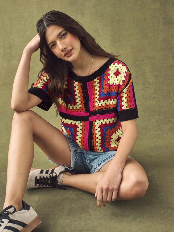 Bright Multi Short Sleeve Crochet Crew Neck T-Shirt