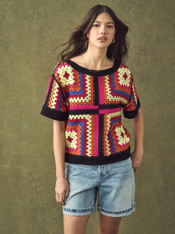 Bright Multi Short Sleeve Crochet Crew Neck T-Shirt - Image 3