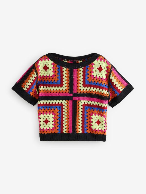 Bright Multi Short Sleeve Crochet Crew Neck T-Shirt - Image 6