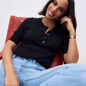 Black Button Up Crew Neck Short Sleeve Top With Linen