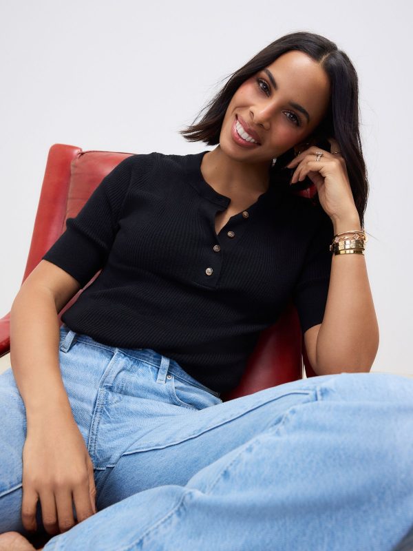 Black Button Up Crew Neck Short Sleeve Top With Linen