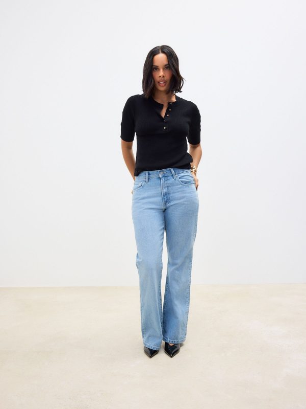 Black Button Up Crew Neck Short Sleeve Top With Linen - Image 2