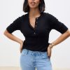 Black Button Up Crew Neck Short Sleeve Top With Linen - Image 3