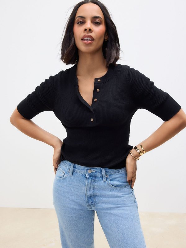 Black Button Up Crew Neck Short Sleeve Top With Linen - Image 3