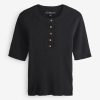 Black Button Up Crew Neck Short Sleeve Top With Linen - Image 6