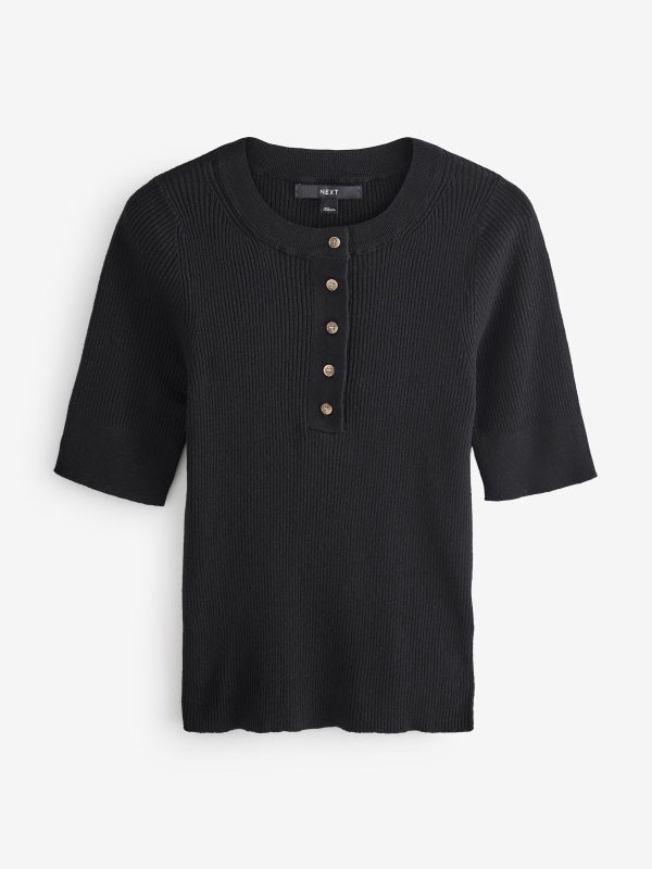 Black Button Up Crew Neck Short Sleeve Top With Linen - Image 6
