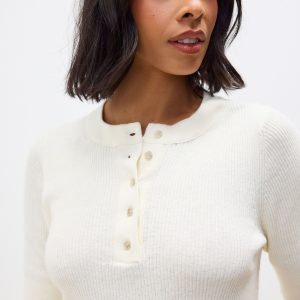 White Ecru Button Up Crew Neck Short Sleeve Top With Linen
