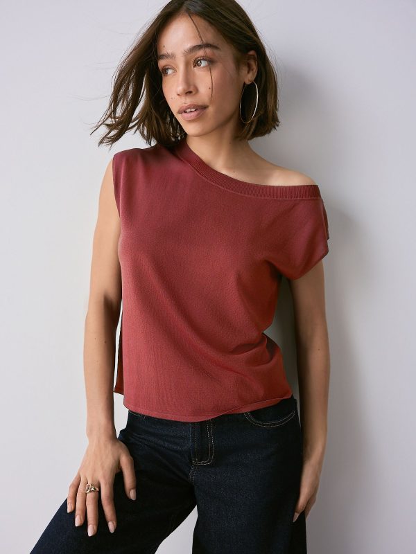 Red Rust Asymmetric Off Shoulder 100% Cotton Knitted Top - Image 2