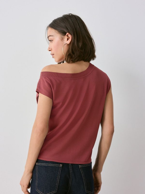 Red Rust Asymmetric Off Shoulder 100% Cotton Knitted Top - Image 3