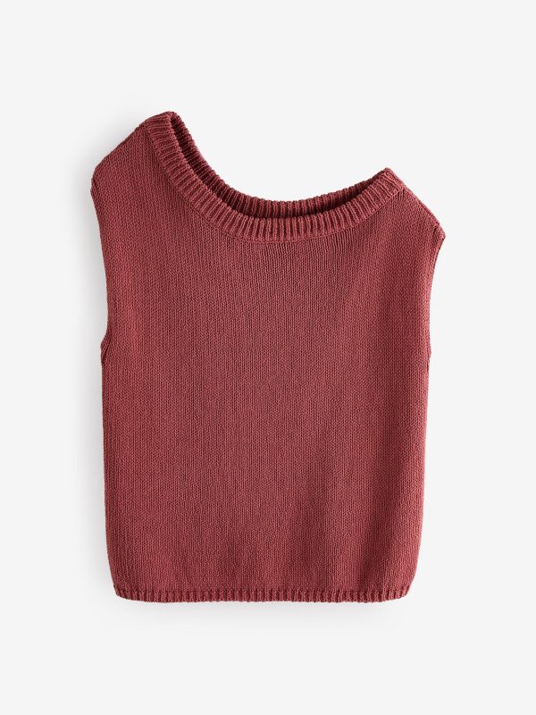 Red Rust Asymmetric Off Shoulder 100% Cotton Knitted Top - Image 5