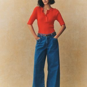 Red Button Up Crew Neck Short Sleeve Top With Linen