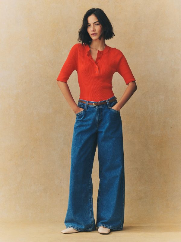 Red Button Up Crew Neck Short Sleeve Top With Linen