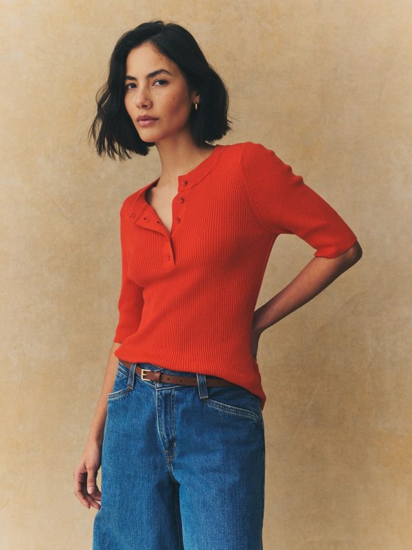 Red Button Up Crew Neck Short Sleeve Top With Linen - Image 2