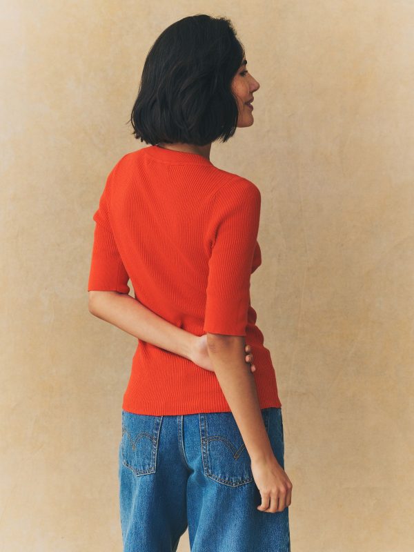Red Button Up Crew Neck Short Sleeve Top With Linen - Image 4