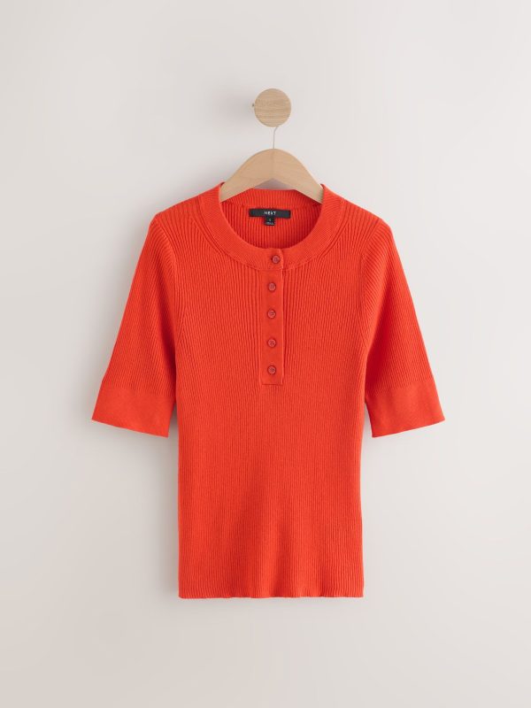 Red Button Up Crew Neck Short Sleeve Top With Linen - Image 6