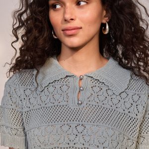 Green Sage Pearl-Effect Button Up Stitch Polo Top