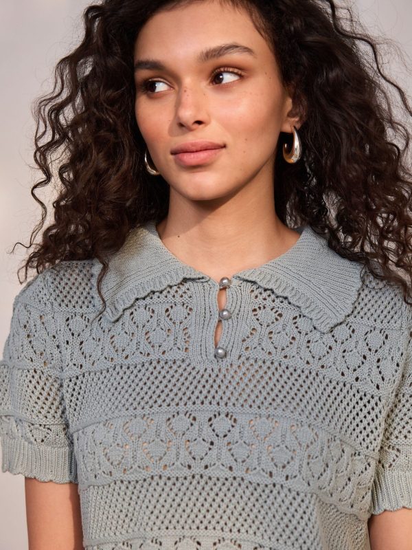Green Sage Pearl-Effect Button Up Stitch Polo Top