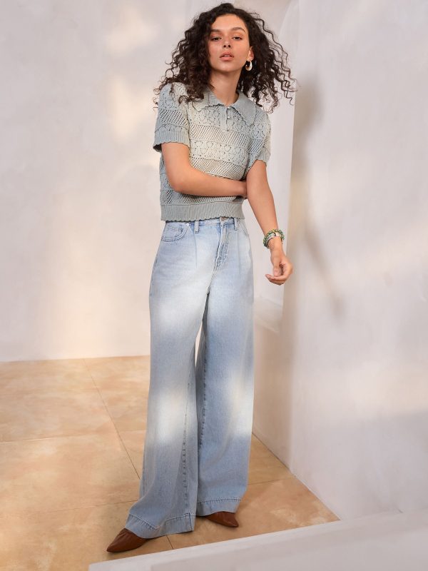 Green Sage Pearl-Effect Button Up Stitch Polo Top - Image 2