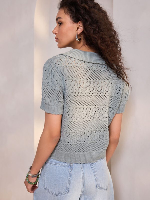 Green Sage Pearl-Effect Button Up Stitch Polo Top - Image 3