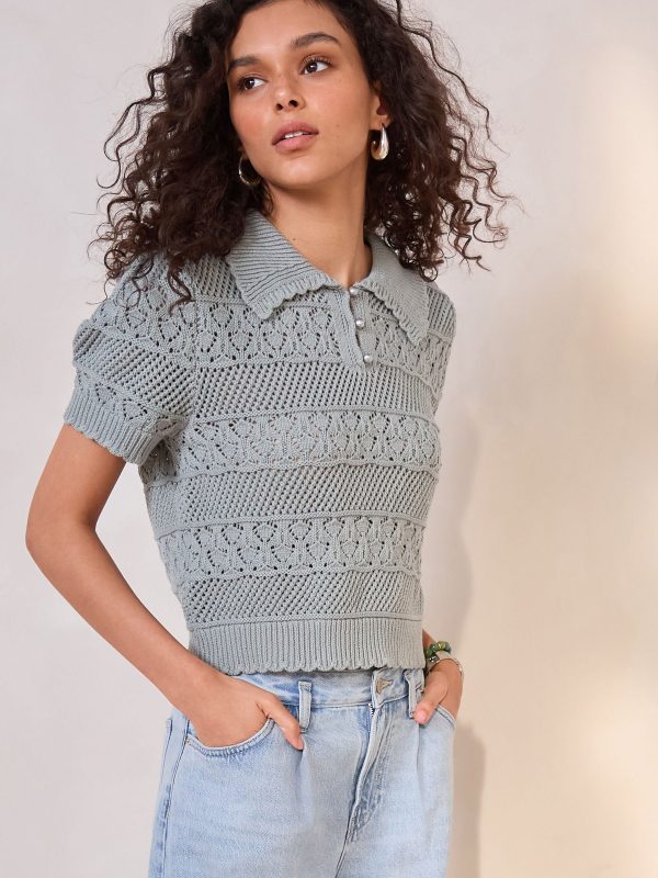 Green Sage Pearl-Effect Button Up Stitch Polo Top - Image 4