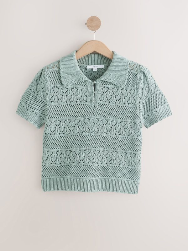 Green Sage Pearl-Effect Button Up Stitch Polo Top - Image 5