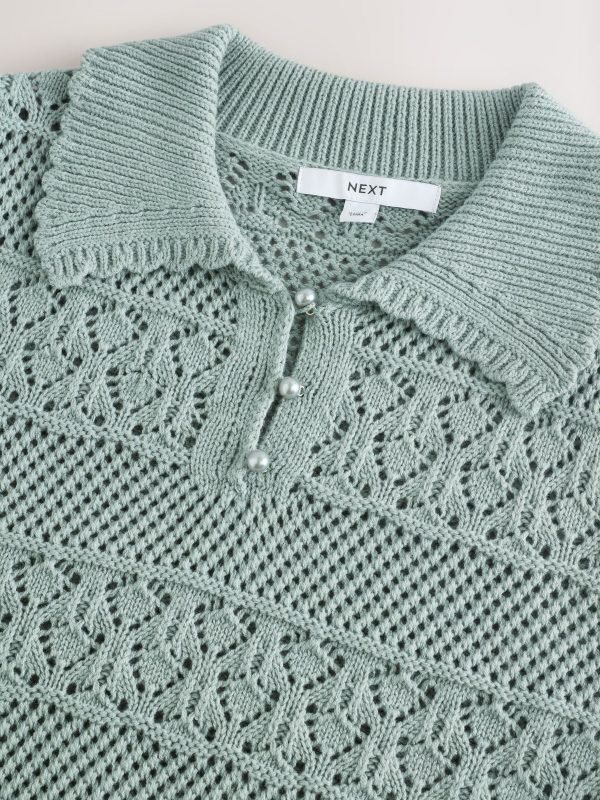 Green Sage Pearl-Effect Button Up Stitch Polo Top - Image 6
