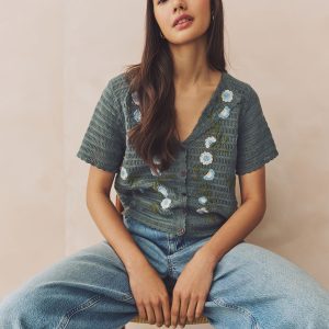 Green Khaki 100% Cotton Crochet Embroidered Floral Button Up Shirt
