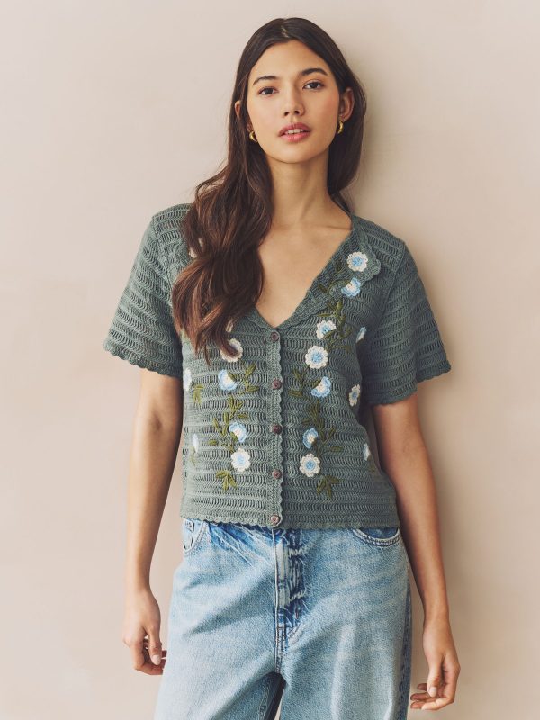 Green Khaki 100% Cotton Crochet Embroidered Floral Button Up Shirt - Image 2