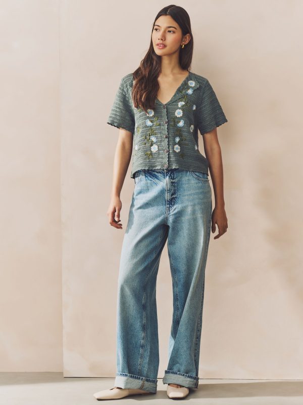 Green Khaki 100% Cotton Crochet Embroidered Floral Button Up Shirt - Image 4