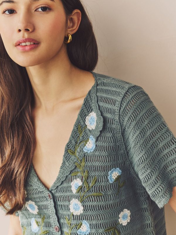 Green Khaki 100% Cotton Crochet Embroidered Floral Button Up Shirt - Image 5