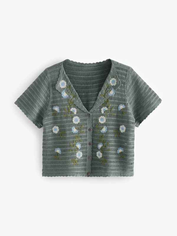 Green Khaki 100% Cotton Crochet Embroidered Floral Button Up Shirt - Image 6