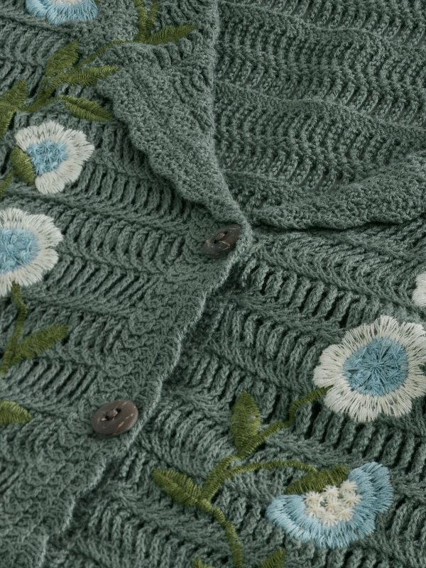 Green Khaki 100% Cotton Crochet Embroidered Floral Button Up Shirt - Image 8