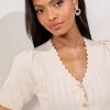 Natural Scallop Stitchy Ribbed Knit V-Neck Short Sleeve Cardigan - Image 2
