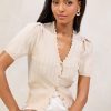 Natural Scallop Stitchy Ribbed Knit V-Neck Short Sleeve Cardigan - Image 3