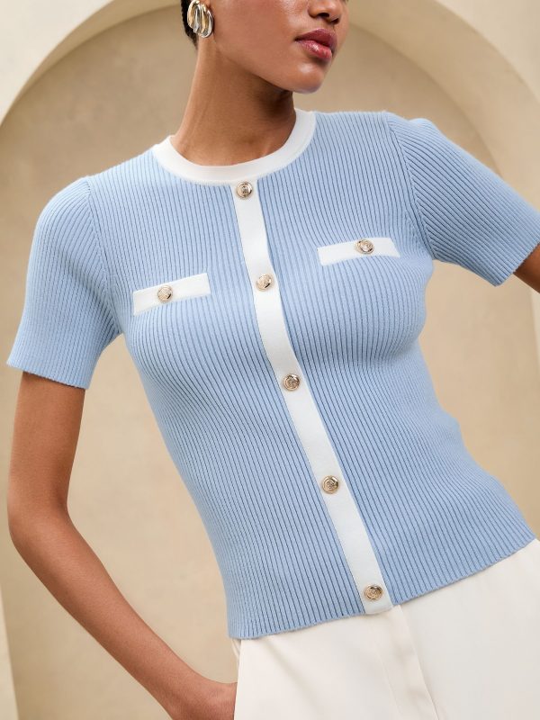 Blue Tipped Mock Button Short Sleeve Knitted Top - Image 2