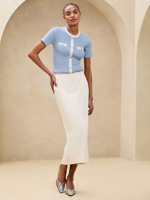 Blue Tipped Mock Button Short Sleeve Knitted Top - Image 3