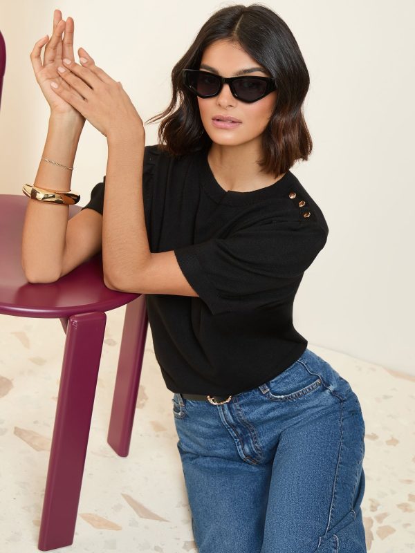 Black Button Shoulder Knitted Top