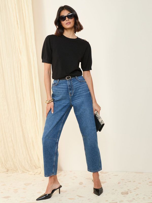 Black Button Shoulder Knitted Top - Image 3