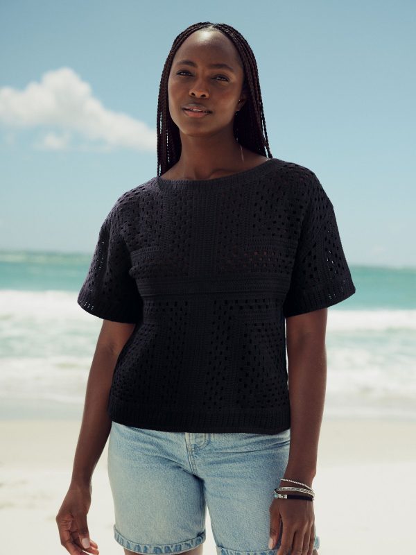 Black Short Sleeve Crochet Crew Neck T-Shirt - Image 2