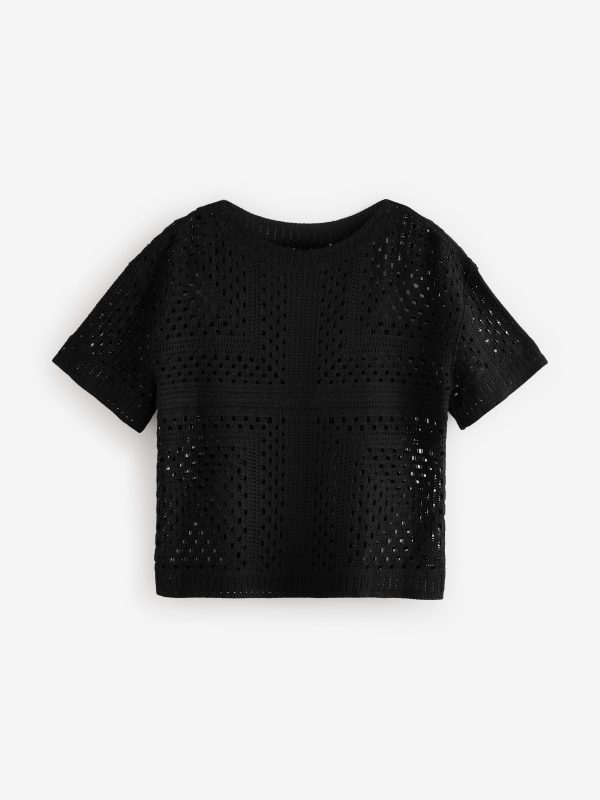 Black Short Sleeve Crochet Crew Neck T-Shirt - Image 5