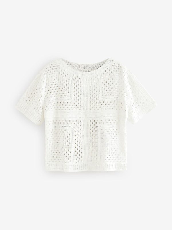 White Short Sleeve Crochet Crew Neck T-Shirt - Image 5
