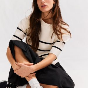 Ecru/Navy Cosy Soft Touch Boxy Short Sleeve Striped Knitted Jumper Top