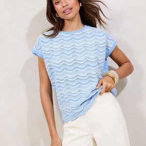 Blue Stripe Stitch Sparkly Relaxed Summer Knit Top