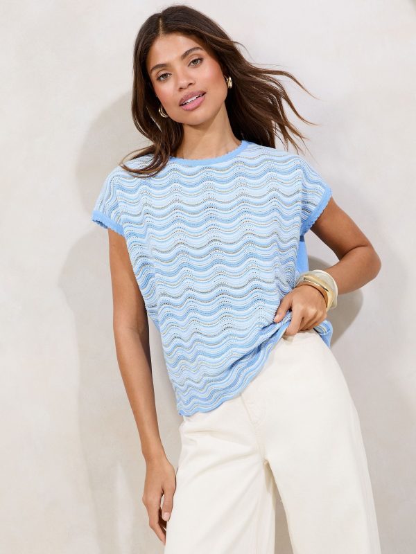 Blue Stripe Stitch Sparkly Relaxed Summer Knit Top