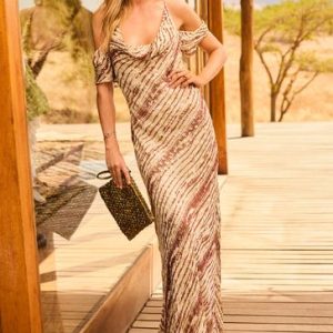 Brown Cold Shoulder Cowl Neck Maxi Dress
