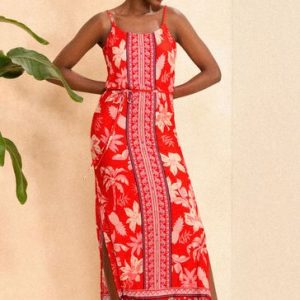 Red Floral Cami Jersey Maxi Dress