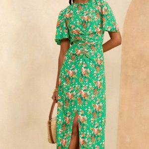 Green Floral Ruched Flutter Sleeve Midi Dress