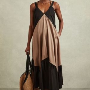 Brown/Black Natalie Cotton Colourblock Flounced Midi Dress